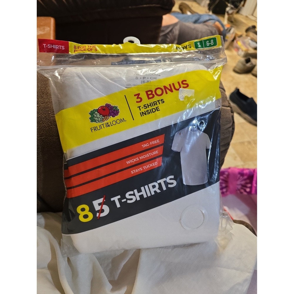 8 PK Fruit of the Loom Boys S 6-8 Comfort Move Sleeve Tag Free T-Shirts White